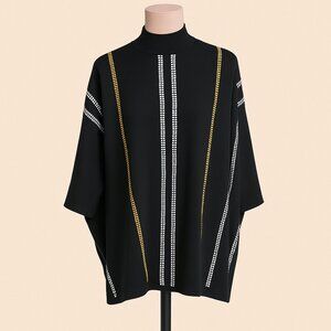 Patrizia Luca Milano O/S Black Poncho Sweater – Striped Mock Neck Top